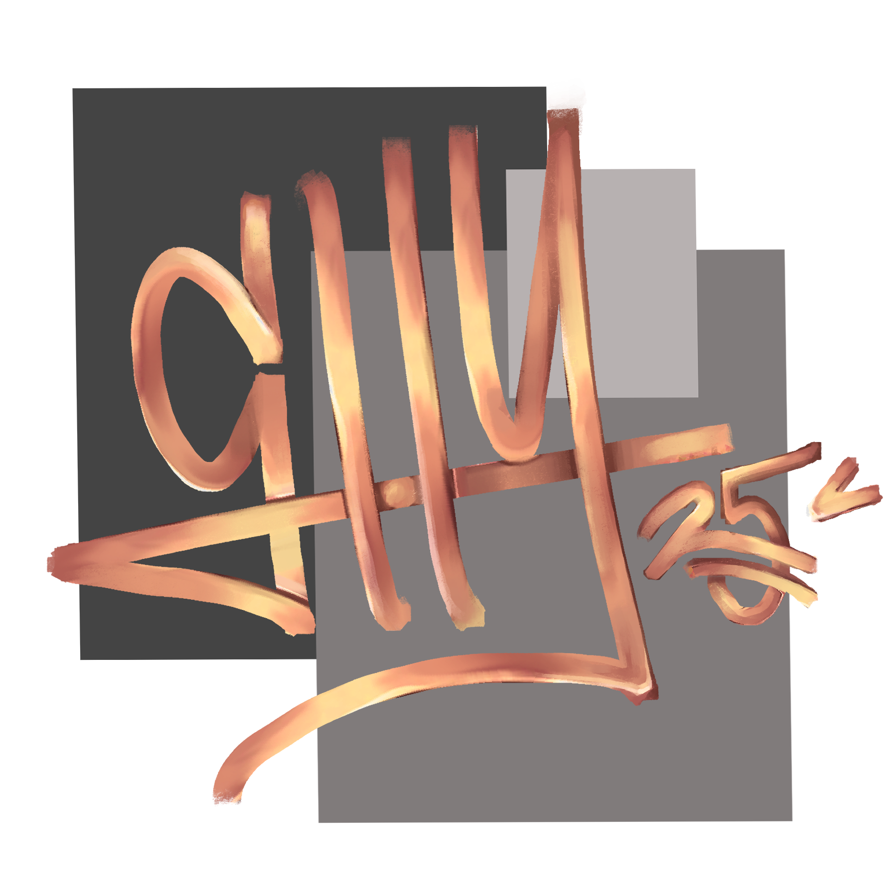 The name Shy written in a copper, painterly capital signature with the year 25 adjacent with 3 gray blocks of various brightnesses behind as a background