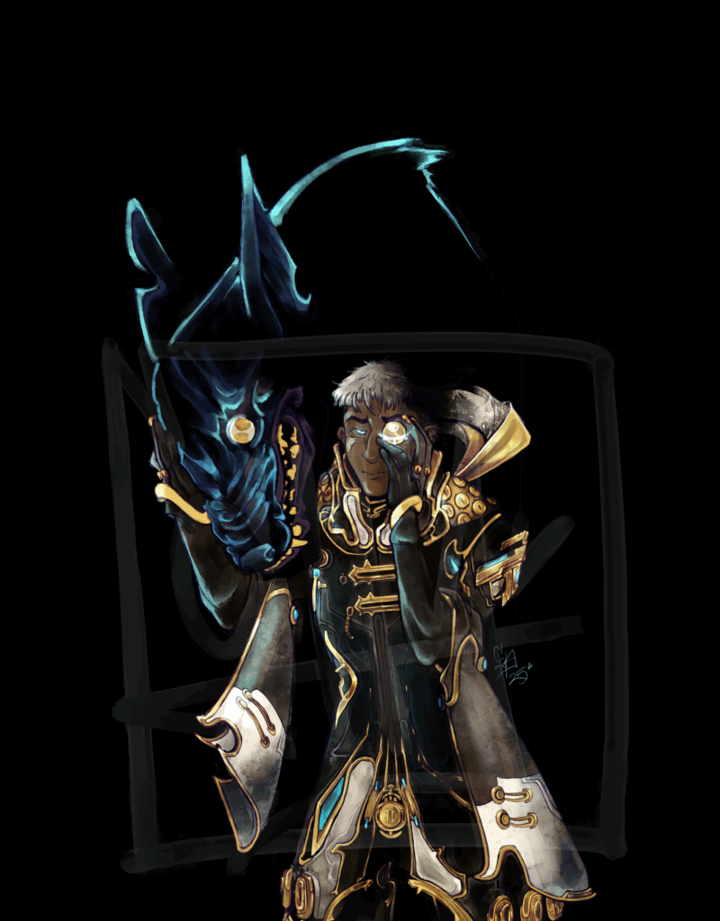 A masculine person with a large wolf like creature over his right shoulder. The person is wearing an elaborate, golden outfit with mechanical blue light embellishments with detatched sleeves. He is holding a golden coin over his left eye and his right eye glows cyan. He is petting the wolf creature with their right hand. The eolf is only silhouetted in cyan light, except for his yellowed teeth, dark purple gums, and eye that has been replaced by a golden coin. most of the image is black, as though the two emerge from the darkness. 

Art by Shy Perki Art, commission for Teenycoffeebean of their Warframe OC: Drifter Caelum. Socials: Teenycoffeebean@bsky.social