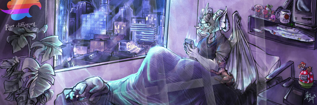 Purplish hued picture of a bedroom scene of a humanoid dragon in a bed playing on a handheld console with two cats on the bed (one at the end (Dexter) and one cuddling under the dragon's wing (Penny)). In the center of the background there is a cityscape, to the left is a poster based off of the Apple logo that says "Fart Different" and a plant in front of it. To the right of the window is a shelf filled with all of the dragon's interests - Star trek, Kirby, Yoshi, Tabletop RPGs, and rebuilding old computers with an ancient MAC in the far right corner. On the bedside table there is a lamp, book, and Mario themed alarm clock with Mario prepping to hit a goomba. Made by Shy Perki art, 2024.

Art by me, commission for t3rminus @ https://calamity.world/@t3rminus